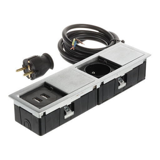 ASA Plastici VERSAHIT MONO COMBI 1× type E 2p+T, 2×USB char. IP54 (clos.), cab.2m, Inox