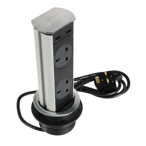 SFL Brick, Electrical socket UK (3×), USB A 2A (2×), Kabel 2 m, Edelstahl