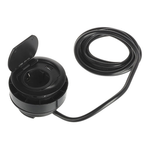 SFL Ring, Enkel stopcontact met deksel, Ø70 mm, met rand-aarde, met USB(A), kabel 2000 mm, Mat zwart