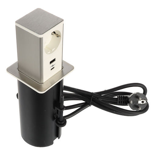 Riex ED55 Prise électrique Pop Up 1× type F Schuko, USB A+C, 20 W QC3.0 blanc, couv.inox