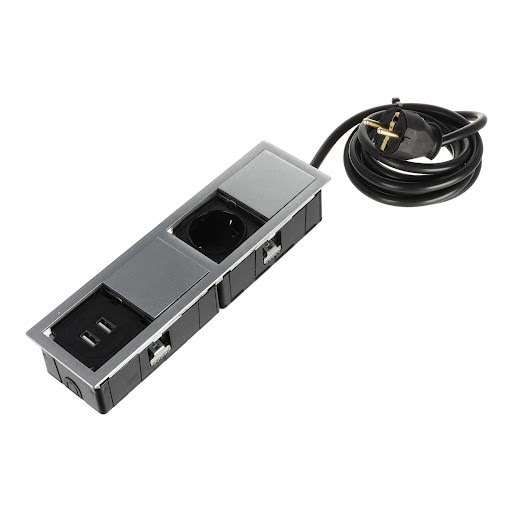 ASA Plastici Versahit Mono Combi Gniazdo elektryczne Schuko (1×), USB A (2×), IP54, kabel 2 m, stal.
