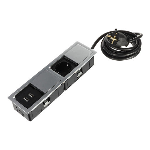 ASA Plastici VERSAHIT MONO COMBI 1× type F Sch, 2×USB char. IP54 (clos.), cab.2m, Inox