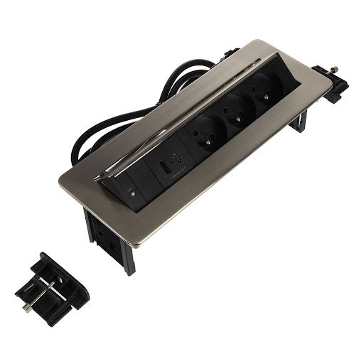 Riex ED15 Priză electrică franceză (3×), încărcător rapid USB A+USB C, cablu de 2 m, oțel inoxidabil