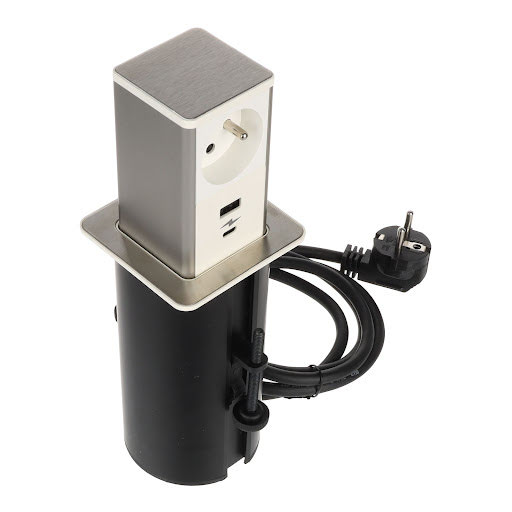 Riex ED55 Elect.socket Pop Up 1× type E 2p+T, USB A+C, 20 W QC3.0 blanc, couv.inox