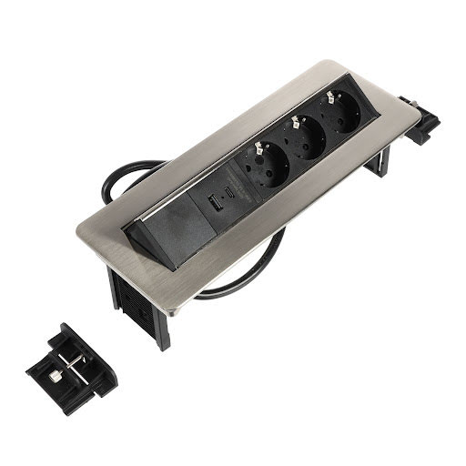 Riex ED15 Presa elettrica Schuko (3×), carica rapida USB A+USB C, cavo 2 m, acciaio inox