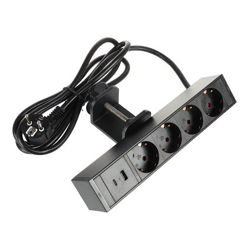 Riex ED12 Priză electrică Schuko (4×), încărcător rapid USB A+USB C, cablu de 2 m, negru