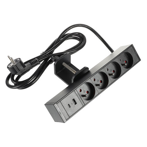 Riex ED12 Электророзетка French (4×), USB A+USB C быстрая зарядка, кабель 2 м, чёрный